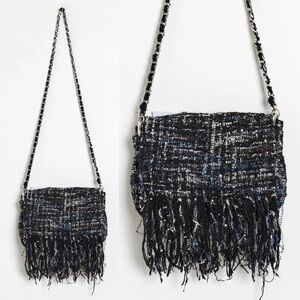 Zara TRF Lurex Glitter Tweed Woven Fringe Chain Crossbody Purse Bag Navy Y2K